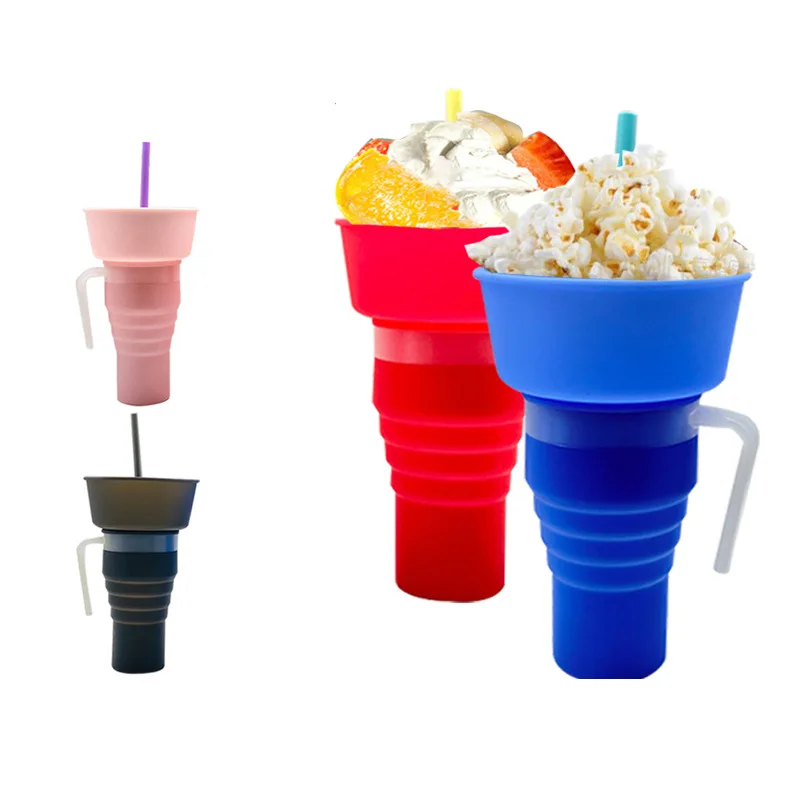 

Reusable Foldable Silicone Stadium Tumbler with Snack Bowl 2 In 1 Beverage Cup Top Snack Bowl for Movie Leakproof Snack Tumbler