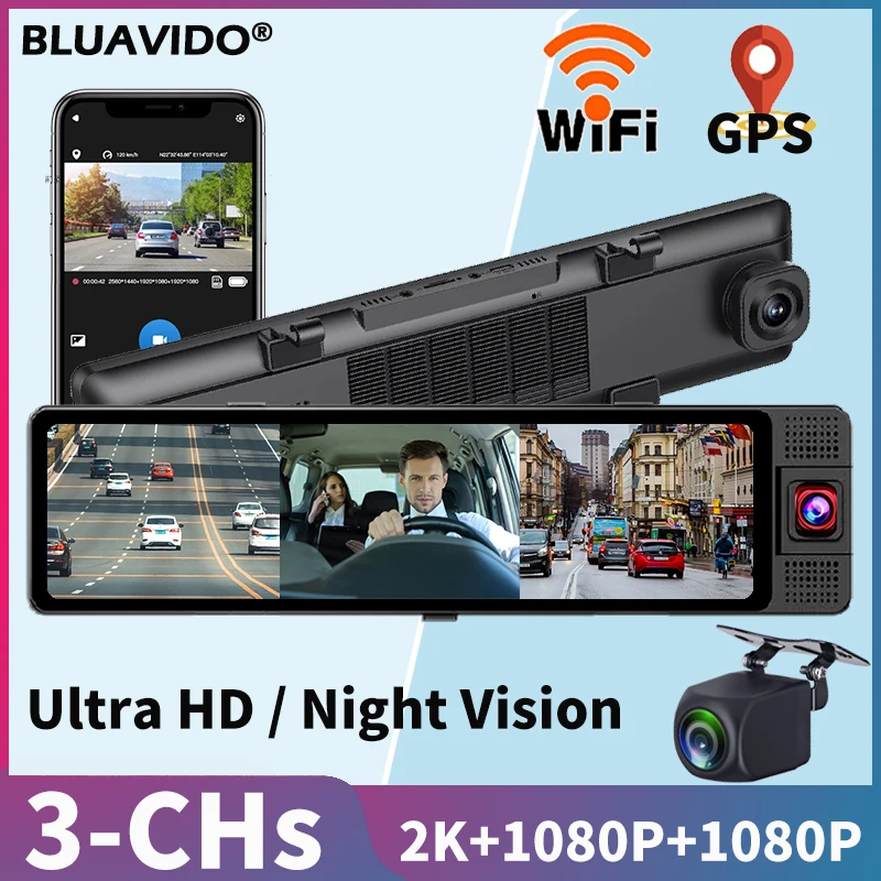 

3-Channel 2K Ultra HD Car DVR with GPS, Parking Monitor, WiFi APP Control, 170°Wide Angle Dash Cam for Day/Night Recording