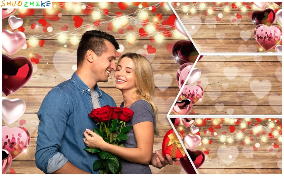 عيد الحب خلفية بريق ريفي الخشب الأحمر الحب القلب الزفاف دش حفل زفاف التصوير خلفية ديكور استوديو الصور #3