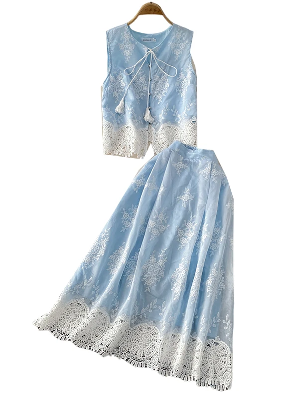 

Ele Blue Lace Belted Svel Vest Top High Waist Slimming f Skirt Two-Piece Set Women's Faion Summer Outfit