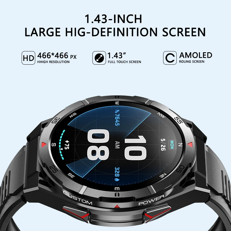 New Outdoor GPS Bluetooth Call Music Player 3ATM Waterproof Fitness Sports Watch 1.43-inch AMOLED HD Round Screen Smart Watch