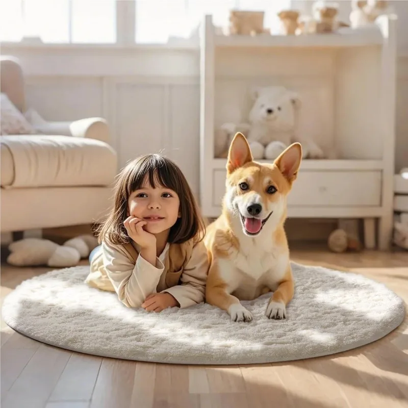 Round Cream White Rug Soft Fluffy Circle Carpet Plush Shaggy Area Rug for Bedroom Living Room Kids Room Nursery Home Decoration