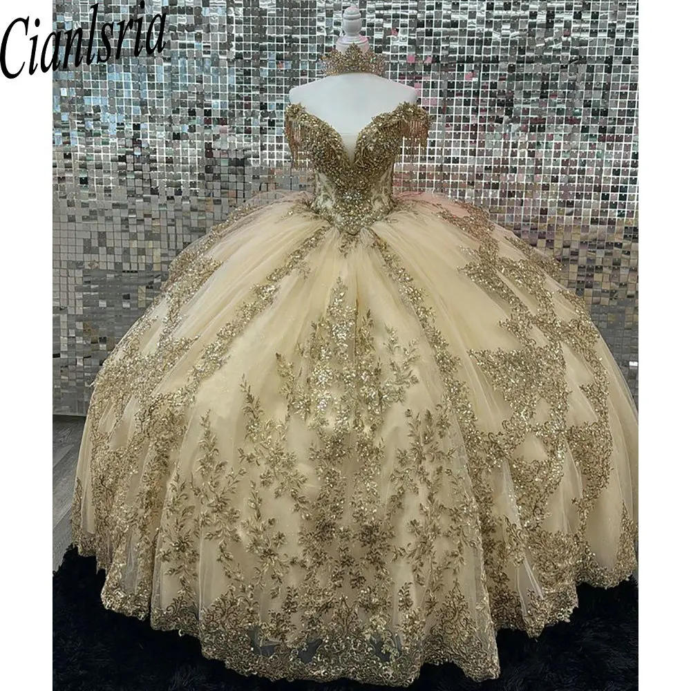 Gold Off The Shoulder Beading Tassel Quinceanera Dresses Ball Gown Sequined Appliques Lace Sweet 15 Birthday