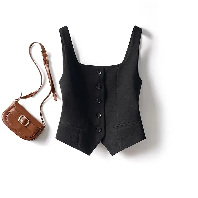 Trend Coffee Brown Layered Square Neck Blazer Vest for Women Waistcoat Spring Autumn Cropped Top Slim Coat Single-Breasted Vest