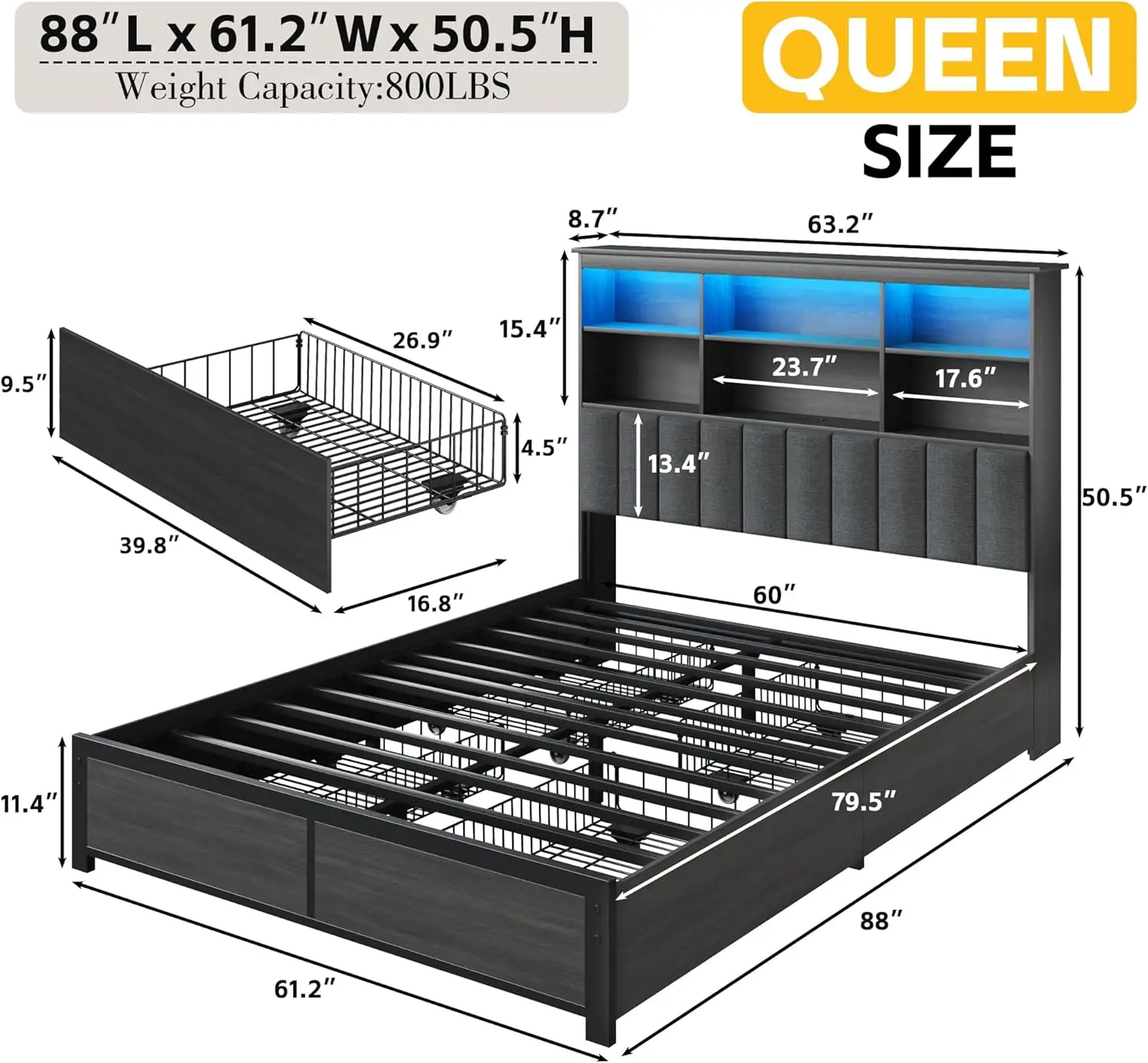 Queen Bed Frame with Headboard, Queen Bed Frame with High Storage Bookcase Headboard