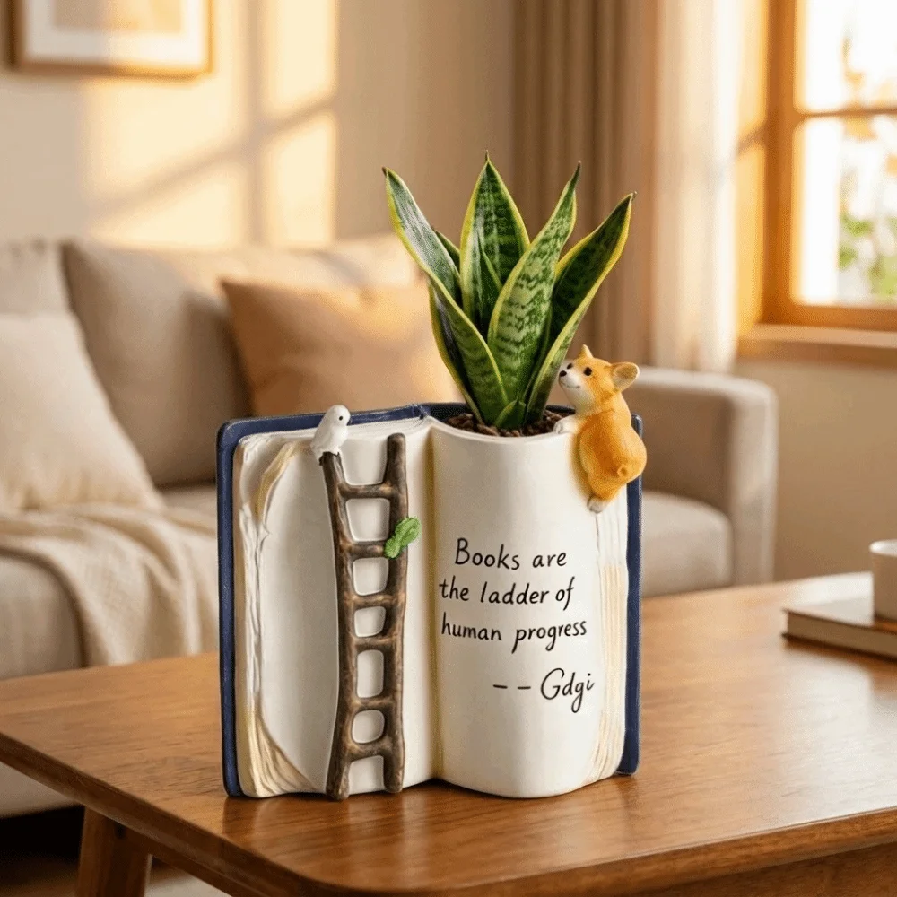 Cartoon Puppy Bird Ladder Planter Polyresin Adorable Book-Shaped Planter Compact Decorative Tabletop Planter Reading Room