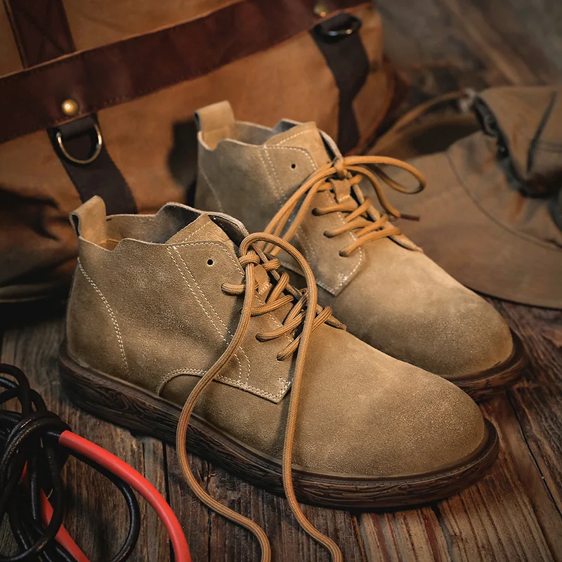 Lace up Men Short Boots Cow Leather Suede Boots Wood Pattern Sole Hiking Shoes