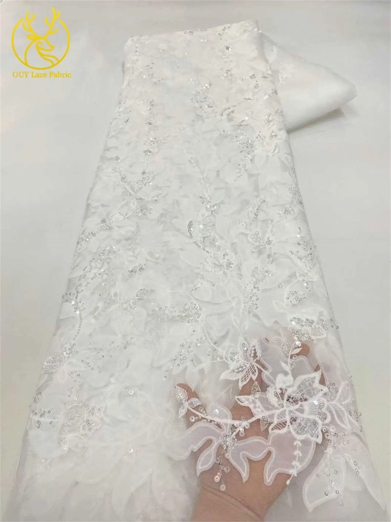 2025 African Beaded Decoration Mesh Design Lace Fabric 5 Yards French Sequin Lace Decoration For Exquisite Wedding Party Dresses