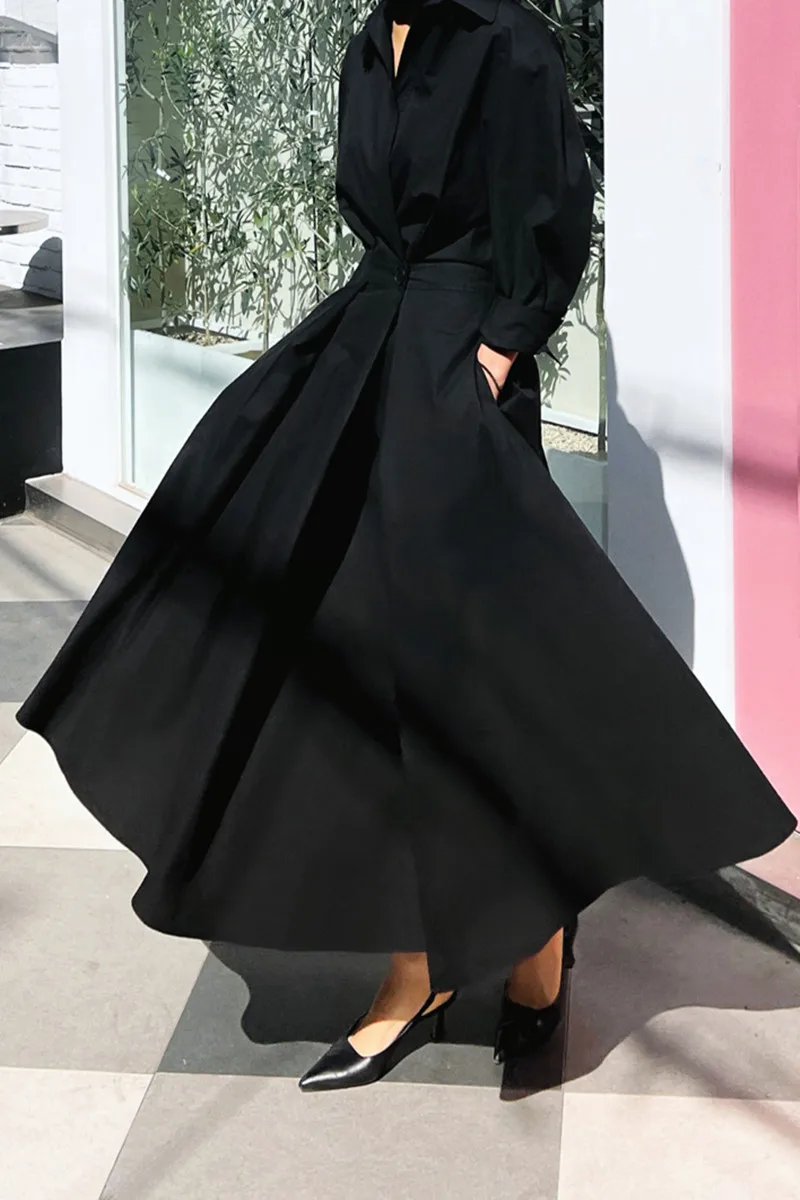 

New Women's Long Sve irt Dr Pure Cotton Korean Sle Slimming Long A-Line Skirt Faionable Over-Knee Length