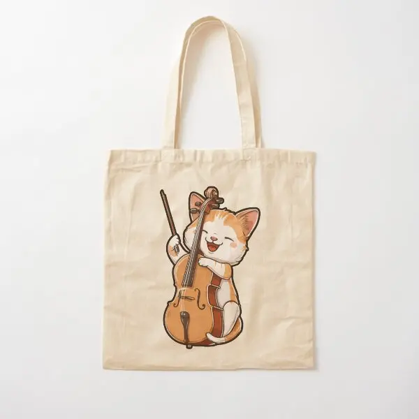 Cute Cat With Cello Funny Cat And Cello  Canvas Bag Fabric Travel Printed Unisex Tote Foldable Handbag Fashion Reusable