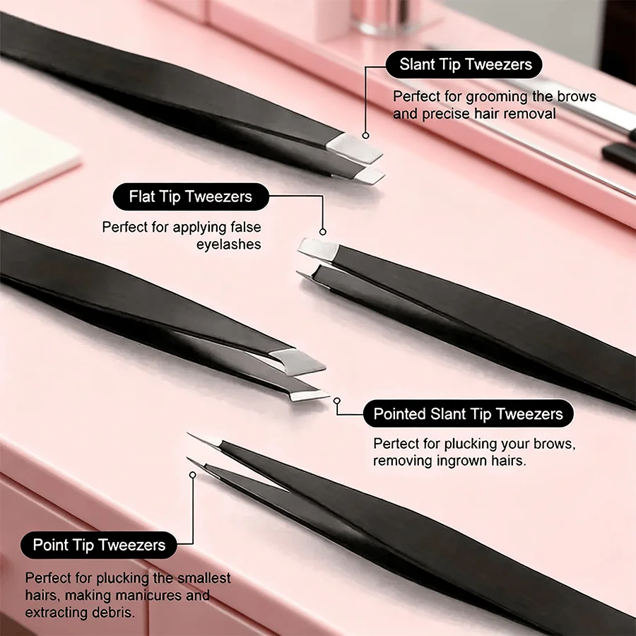 4-Piece Eyebrow Tweezer Set - Professional Stainless Steel Hair Removal And Grooming Tools,  Including Angled Tip Tweezers