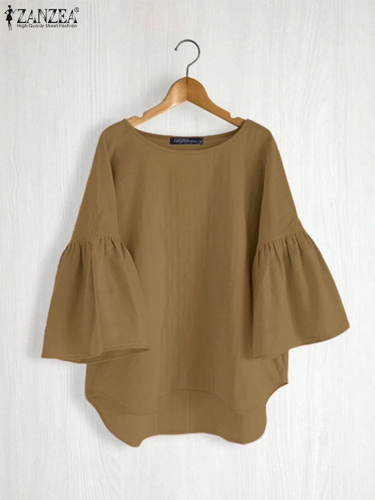 

ZANZEA Street Fashion High-Low Blouses Women 2025 Autumn Round Neck 3/4 Flare Sleeve Loose Blusas Mujer Casual Solid Color Tops