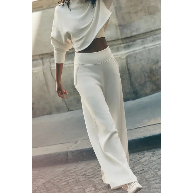 

Women High Waist Knit Patchwork Fleece Lined Wide Leg Stacking Pants Slim Fit Warm Winter Trousers Elegant Old Money Style