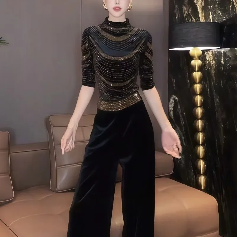 

New Hot Diamond Half-high Collar Long-sleeved Necklace Pattern Full Diamond T-shirt Women's Fashion Temperament Slimming Top