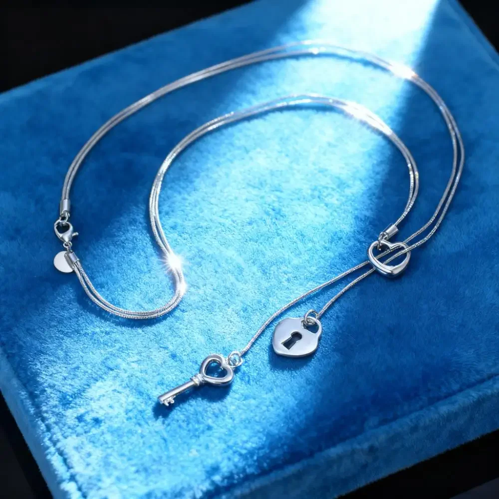 New 925 Sterling Silver delicate Heart Lock Key Necklaces for Women Fashion Costume Jewelry for Wedding Party Holiday Gifts