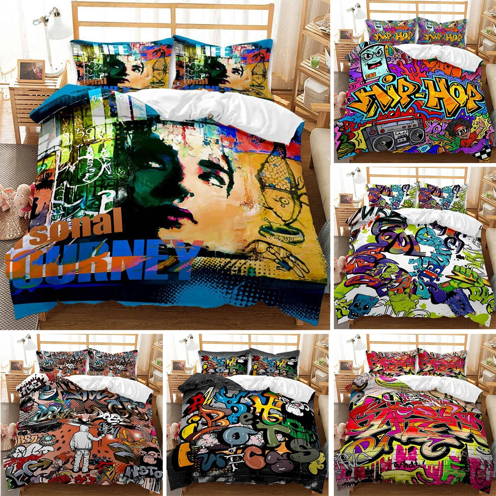 Graffiti Duvet Cover Hip Hop Street Culture Print Bedding Set Microfiber Colorful Overlapping Blocky Letters Art Comforter Cover