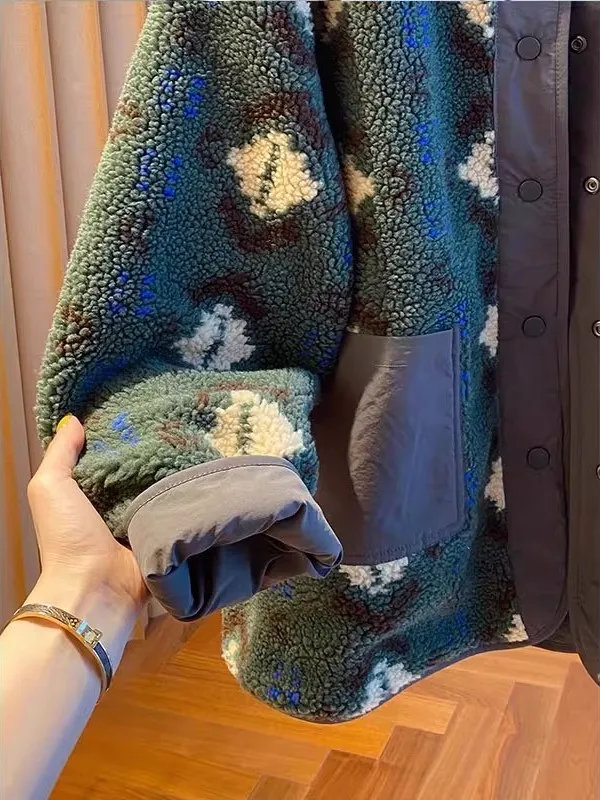 Thiened grande taille 300 Pou rond Ne imprimé eepskin Jaet vêtements Double face pour hommes et femmes vêtements d'extérieur d'hiver