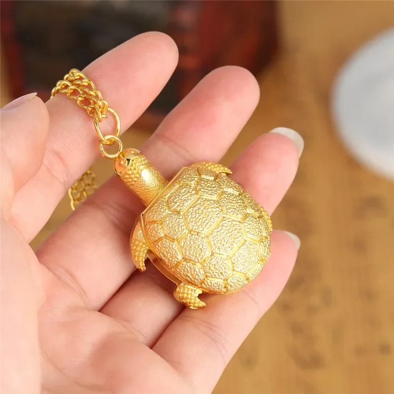 Luxury Yellow Gold Animal Clock Tortoise Shape Lovely Pocket Watch for Men Women Kid Timepiece Quartz Movement Necklace Chain