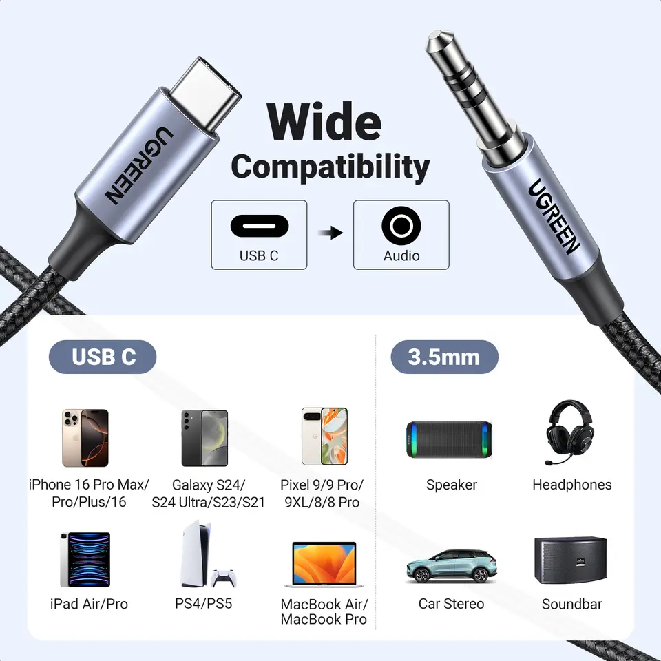 UGREEN USB C to 3.5mm Audio Aux Cable Type C 3.5 mm Headphone Male Jack Plug Adapter Car Auxiliary Stereo Cord for iPad Phone - 6