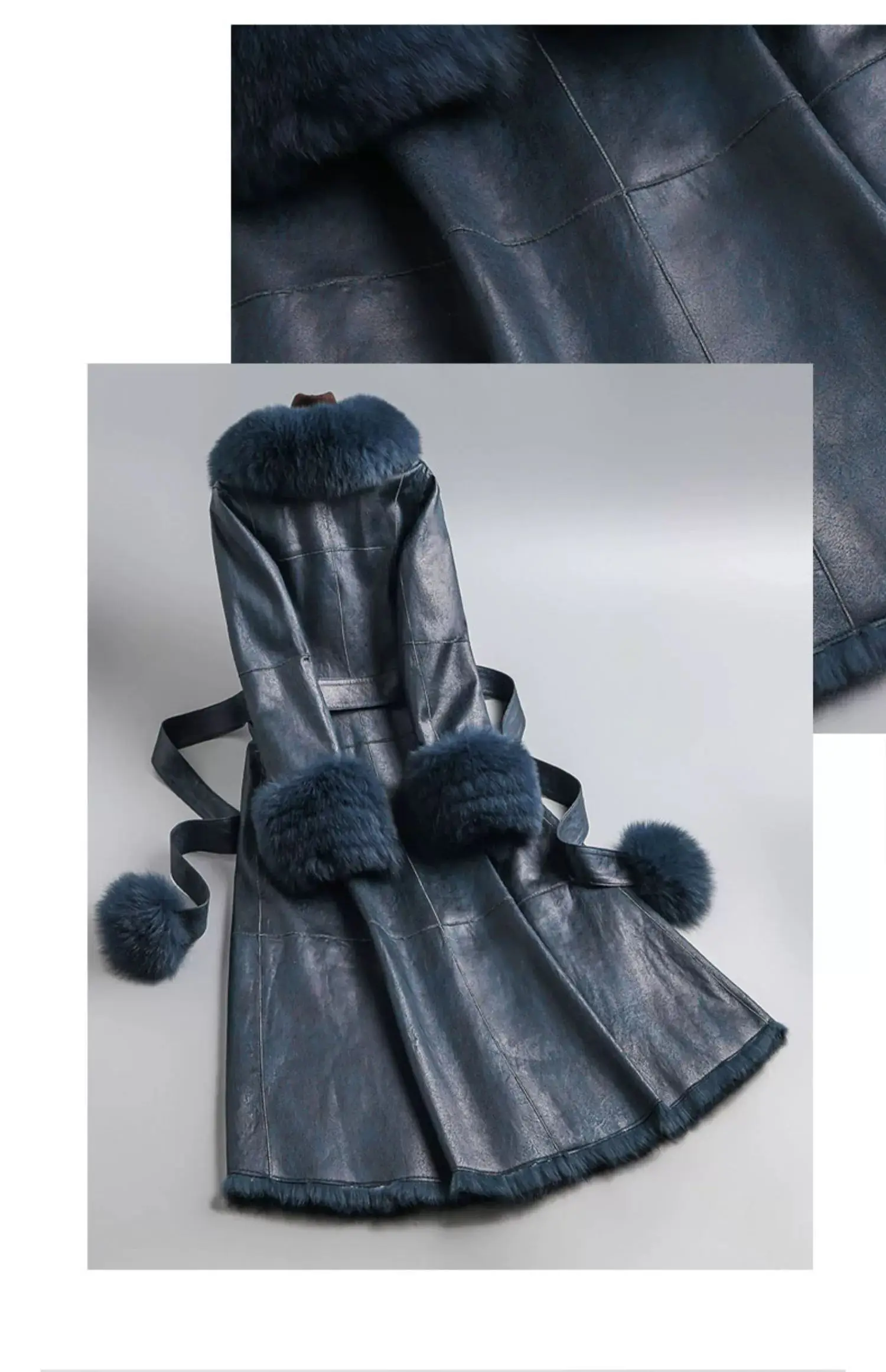 2023 New Rabbit Fur One Piece Coat for Women Mid length Fox Fur Collar Lace up Slim Fit Haining Fur Coat for Women