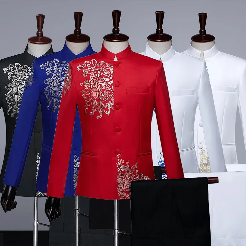 (Jacket + Trouser) Fashion Men Wedding Embroidered Suit Royal Blue / Red / White Singer Stage Performance Dress Blazers and Pant