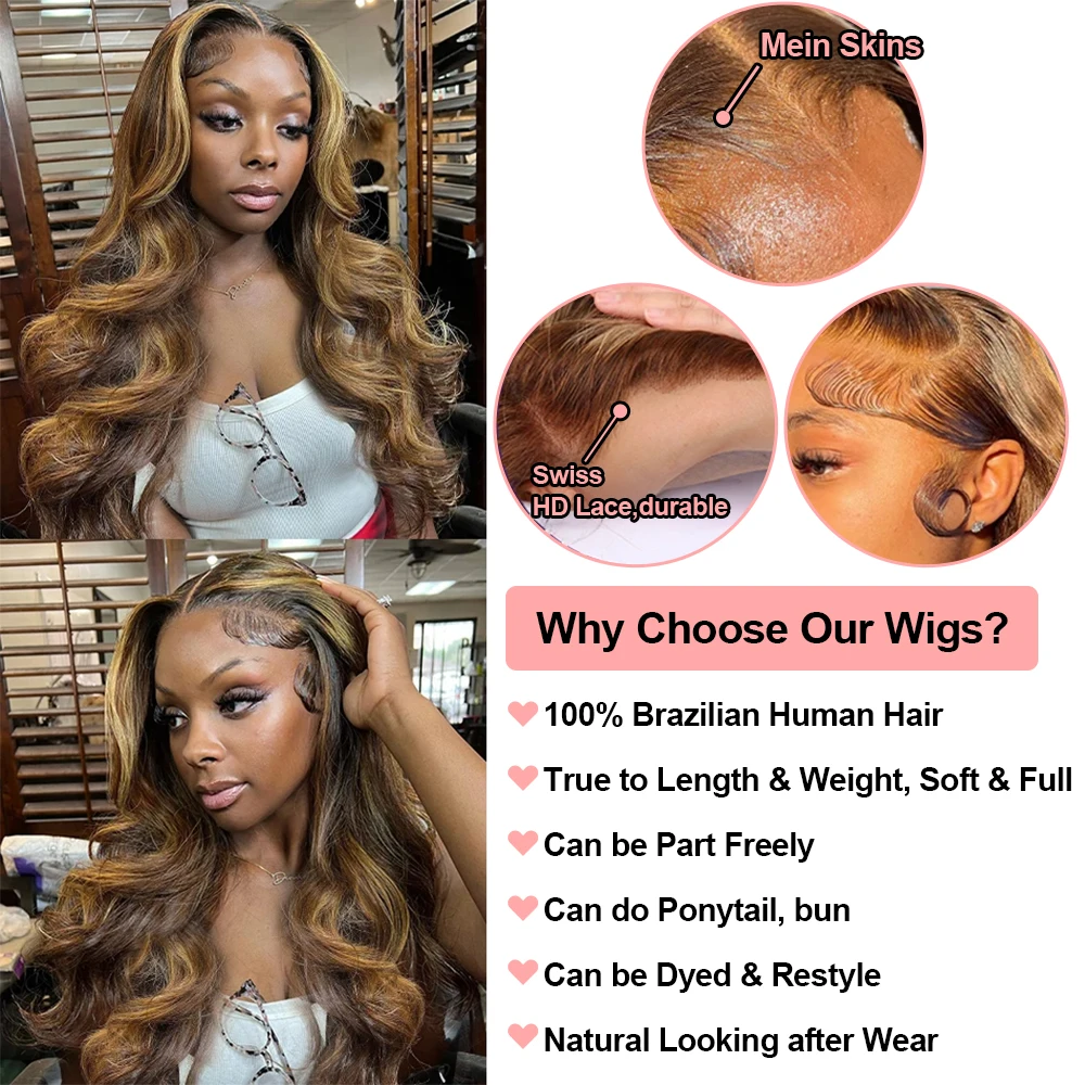 4/27 Colored Wigs 30 38Inch Body Wave Ombre Highlight 13x6 HD Lace Frontal Wigs Transparent Lace Front Human Hair Wigs 180%