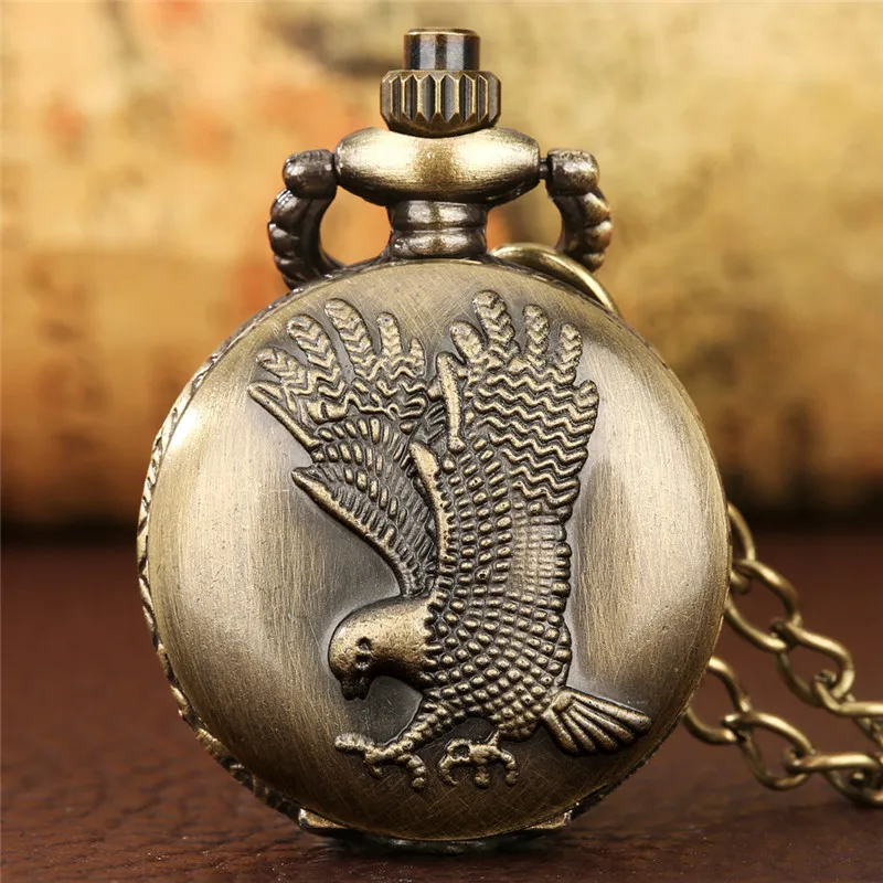 Antique Small Size Clock 3D Eagle Design Retro Arabic Number Analog Quartz Pocket Watch for Men Women Necklace Sweater Chain