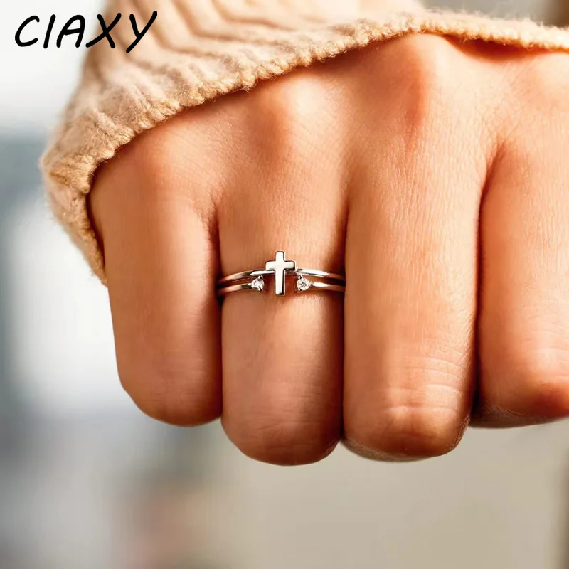 Hip Hop Cross Geometric Double Rings for Girl Personality Index Finger Zircon Inlaid Ring Female Marriage Summer Jewelry Gift