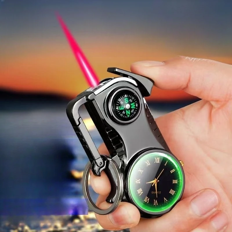 New Outdoor Compass Keychain Inflatable Windproof Lighter Multi-function Watch Bottle Opener Red Flame Butane Gas Lighters Tool