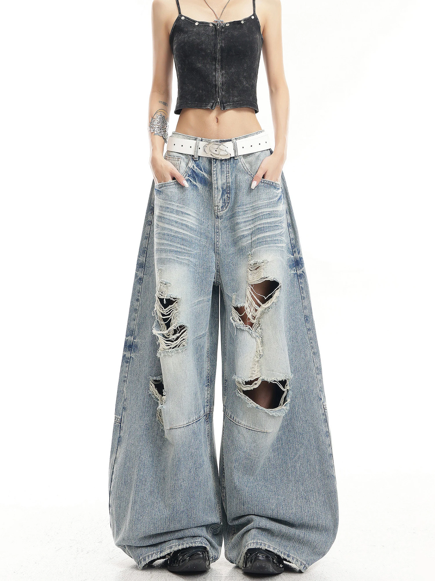 

Washed American Style Loose Wide Leg Jeans Women Casual Versatile Knife Denim Pants Spring Season High Waist Zipper Closure