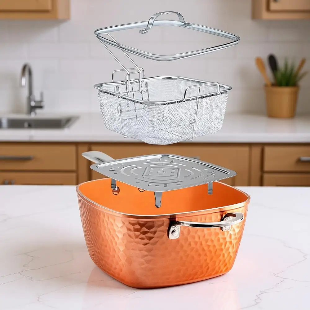 

Квадратная глубокая сковорода с антипригарным покрытием, большая сковорода для жарки 9,5 дюймов с антипригарным покрытием, фритюрница с корзиной, набор из 4 предметов с титановым покрытием