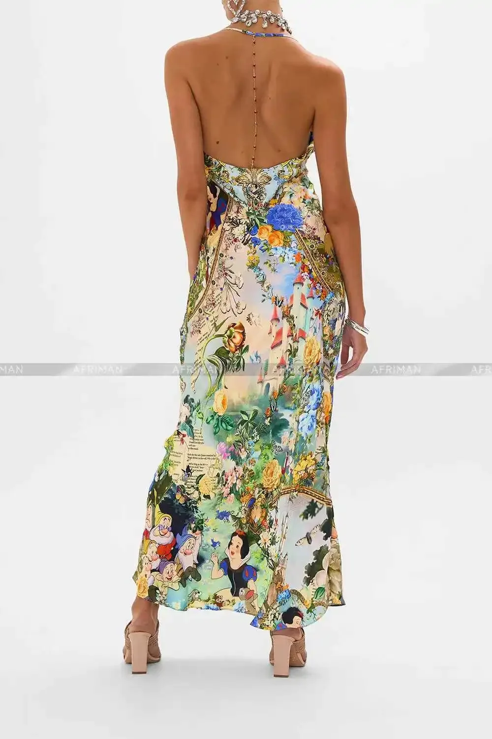 Women Summer New Holiday Style V Neck Sexy Strapless Beaded Cartoon Print Maxi Long Silk Sling Dress