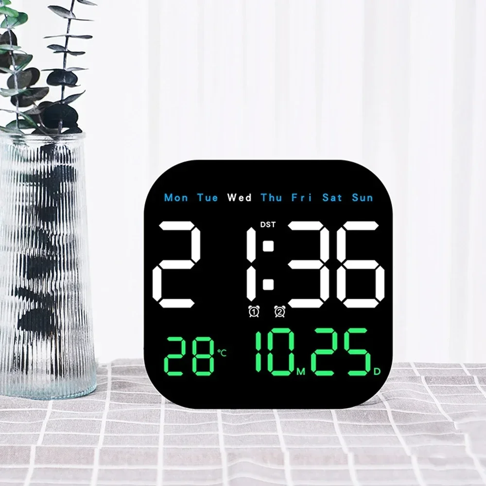 Digital Wall Clock with Remote Control, LED Alarm Clock, Temperature, Date, Week Display, Electronic Table Clock, 12 H, 24H