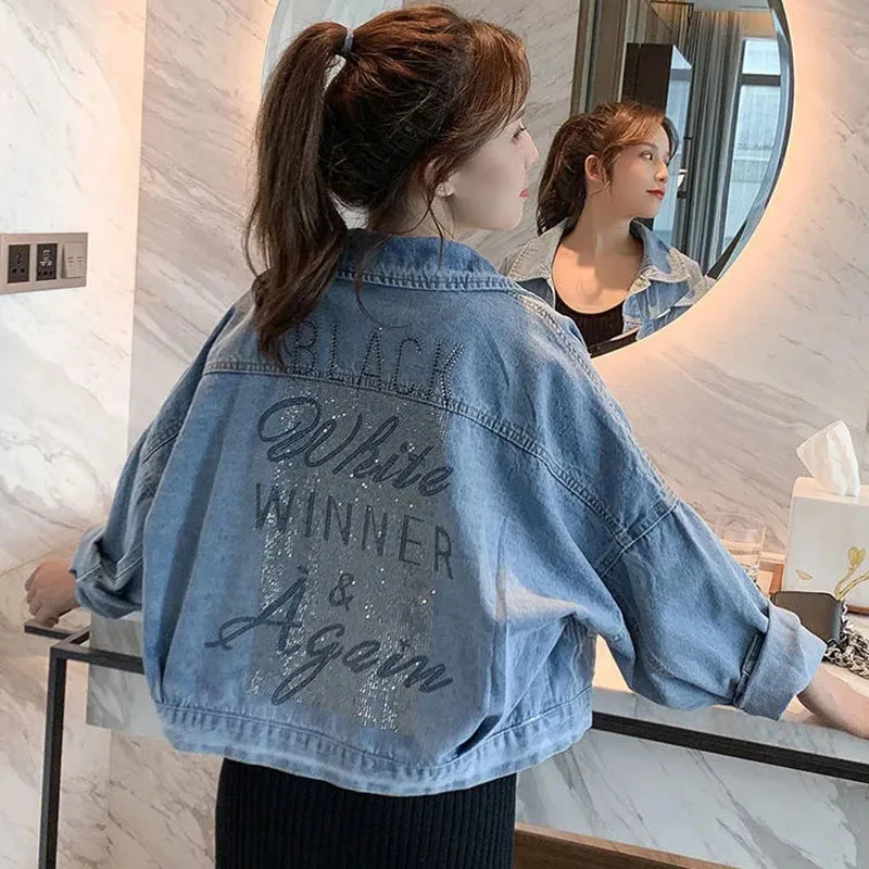 Denim Jacket Women 2023 Spring Autumn Korean Versatile Loose Jeans Coat Women Embroidery Short Style Hot Diamond Top Outerwear