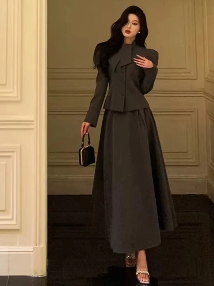 Insozkdg French Socialite High-end Skirt Suits Women Autumn Smoke Gray Jacket High-waist Skirt Two-piece Set High Quality Sweet