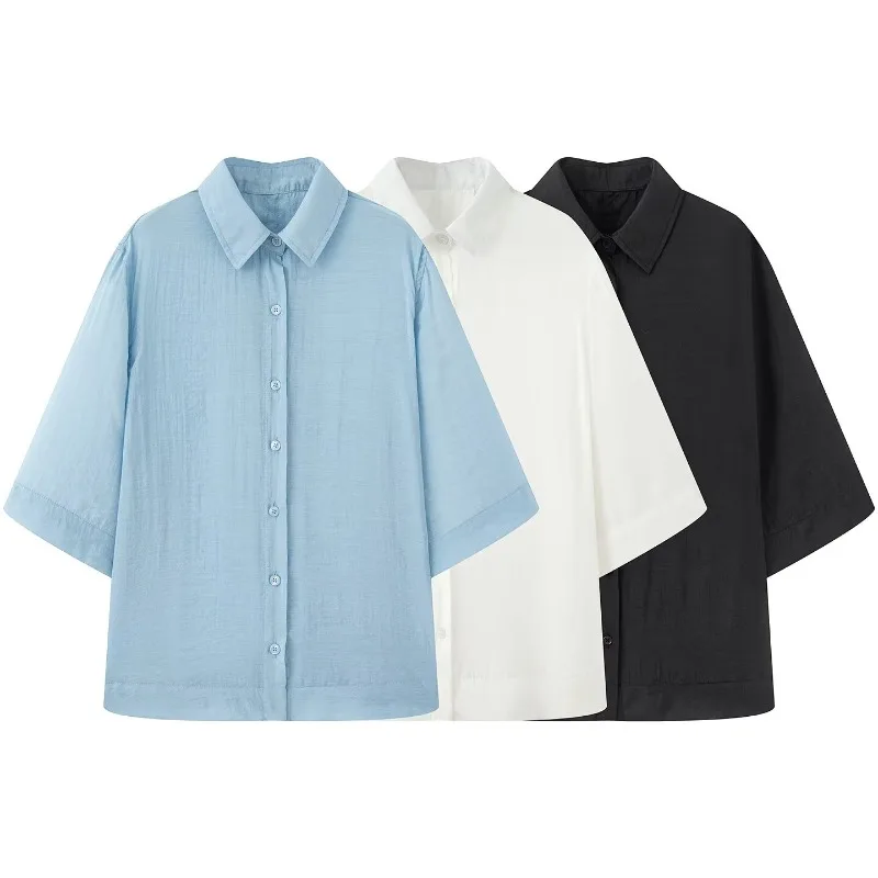 

TRAFZR Women's Shirt Tops Woman 2025 Top Elegant Vintage Short Sleeve Shirts Female Denim Black Blouse White Summer Commute