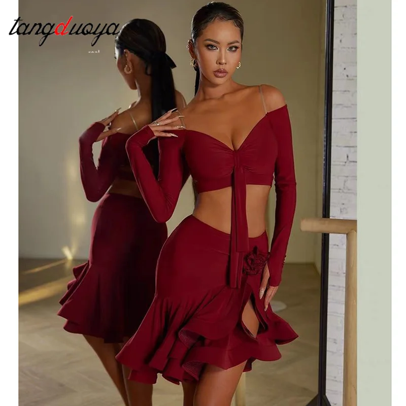 

Sexy Off Shoulder Latin Top Ruffled Skirts Latin Dance Costume Stage Performance Clothes Samba Tango Dance Wear Set for Women