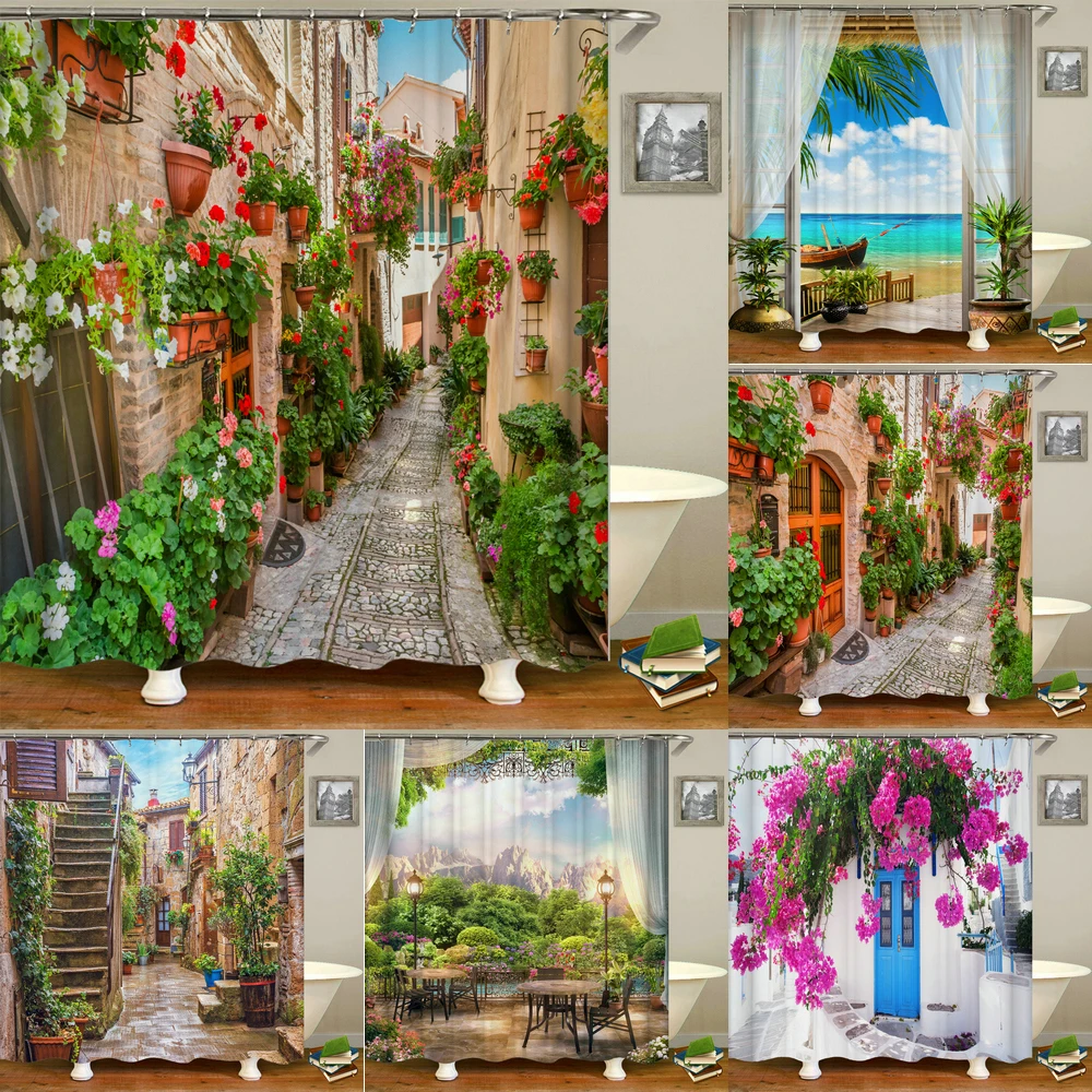 Rural Idyllic Flowers European Garden Shower Curtain Bathroom Waterproof 3d Printed Bath Curtains With 12 Hooks Polyester Cloth