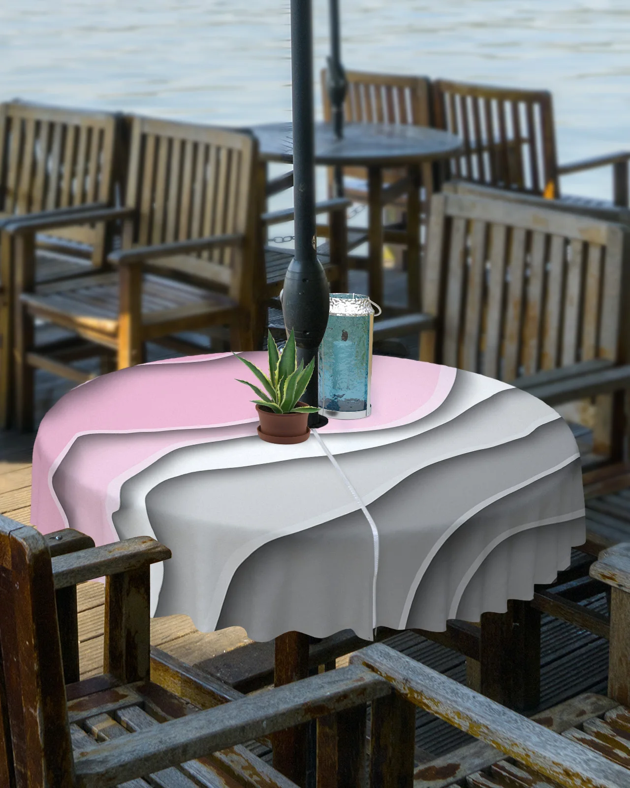 Pink Gray Gradient Modern Geometric Abstract Outdoor Tablecloth with Umbrella Hole Zippered Waterproof Patio Round Table Cover