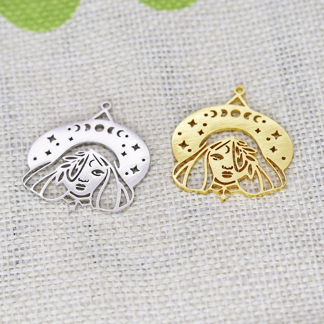 5PCS DIY Stainless Steel  Cute Magic Witch Girl Charm Pendant For Women Crescent Moon Phase Jewelry Witchcraf