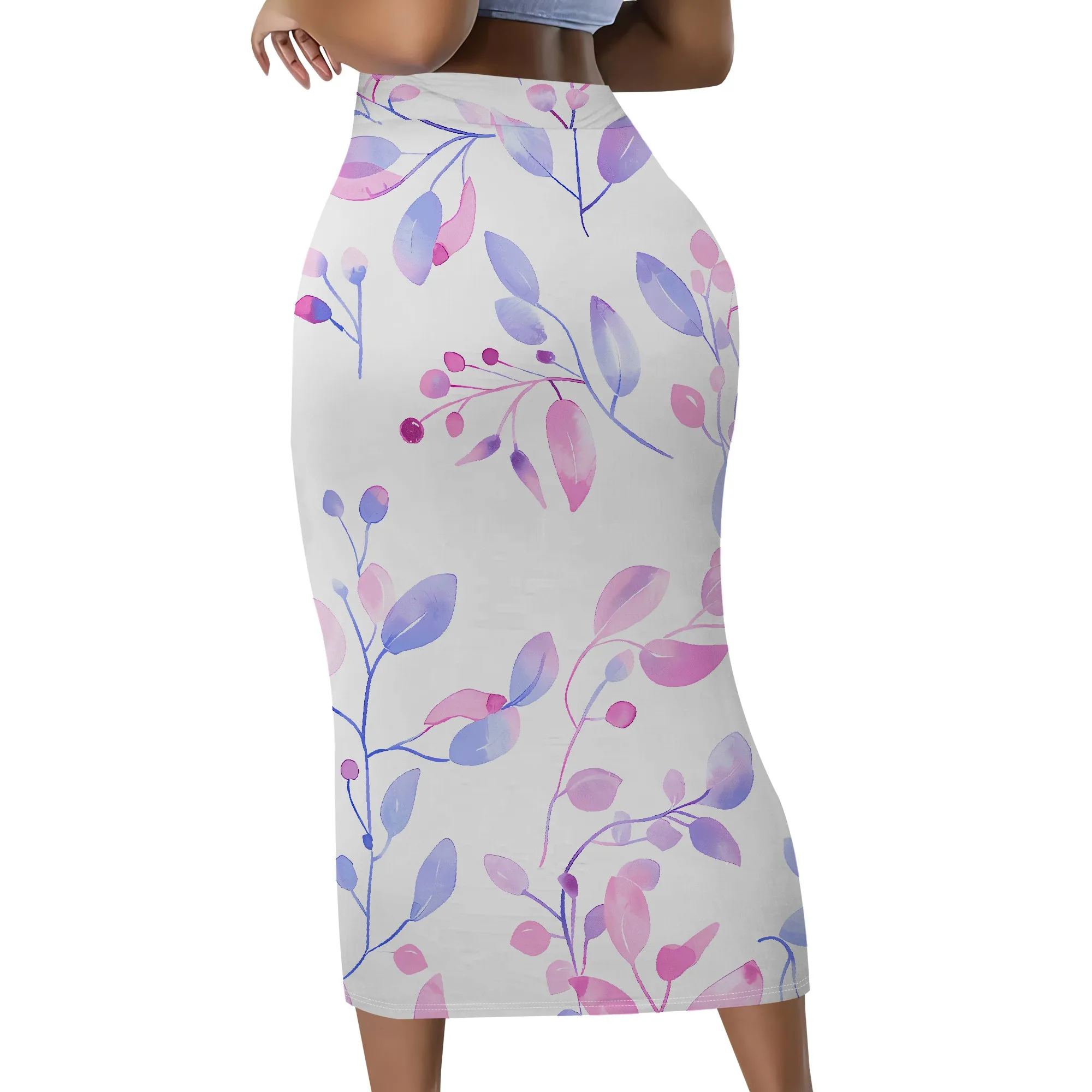 Aquarell-Blumen-Midirock, lila-rosa Blätter-Print, Bleistiftrock mit elastischem Bund, Büro- und Partykleidung, S-2XL – Detail 3