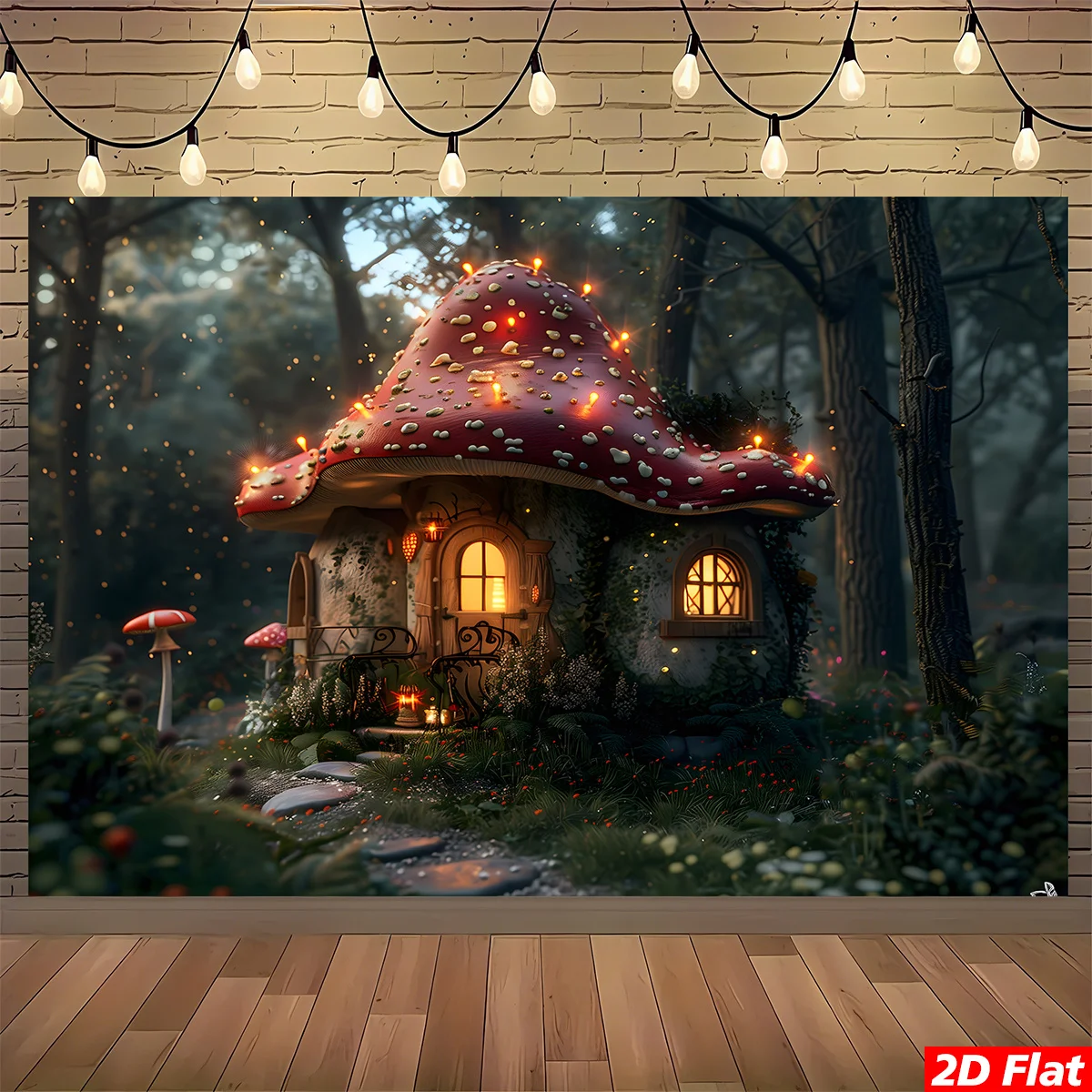 2D Flat, 1pc Enchanted Mushroom House Tapestry - Magical Forest Wall Hanging with Glowing Fairy Lights & Red/ Spotted Mushroom,