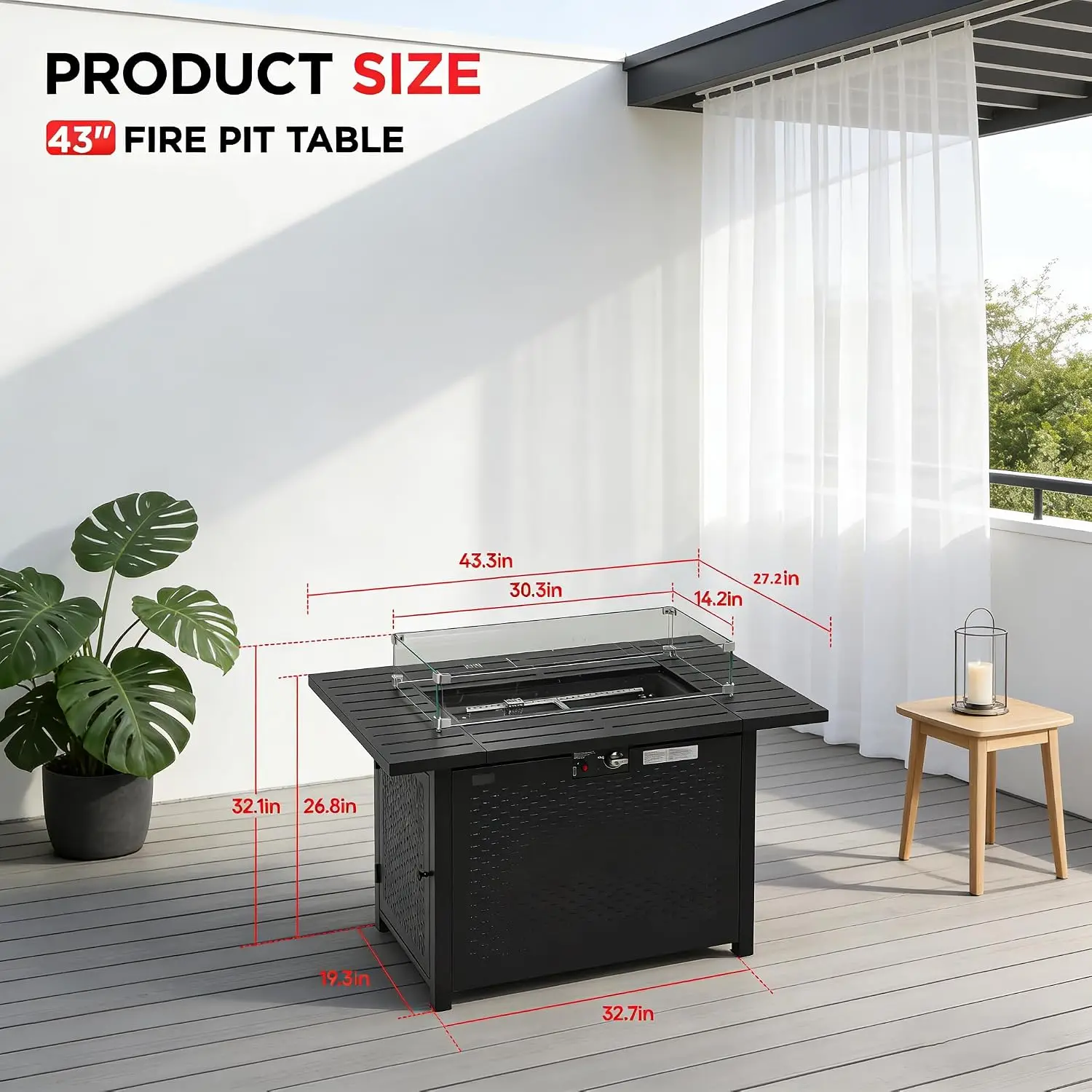 43 Inch Propane Fire Pit Table, Outdoor Gas Fire Pit with Glass Wind Guard & Convertible Lid, 50,000 BTU Rectangular Patio Fire