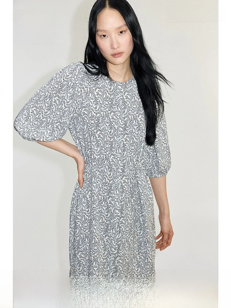 

H&M Women's Dr Spring ort Sve Bubble Sve Design Sensation Floral Skirt Casual Sle round Ne Mid-Length Gown