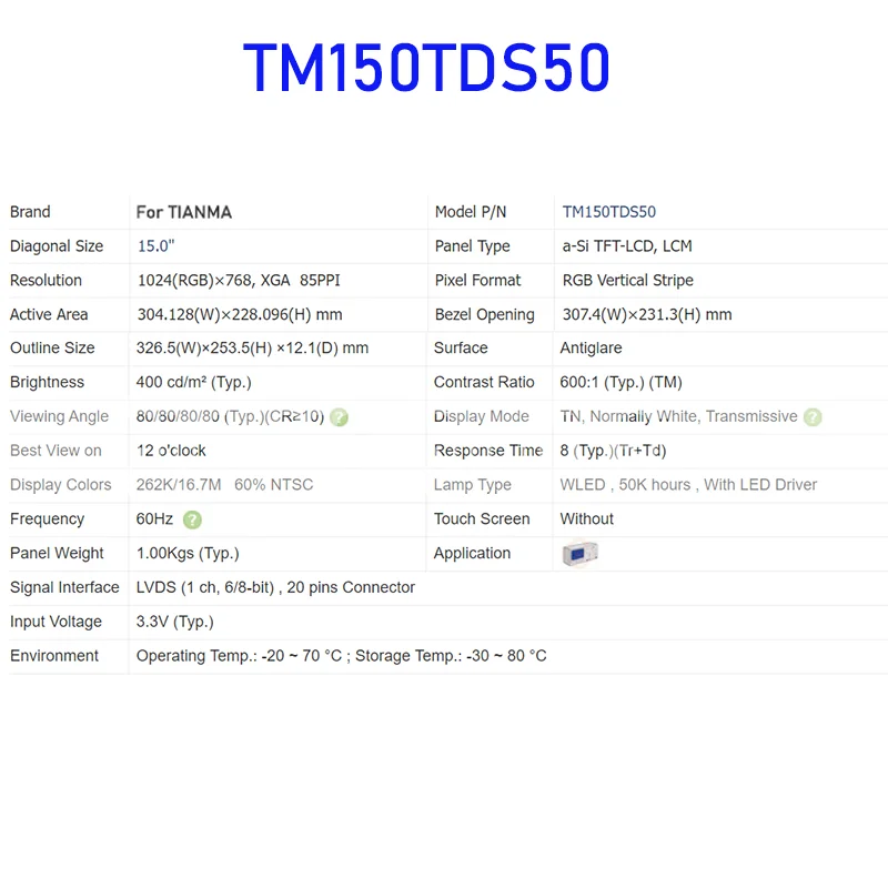 TM150TDS50 15.0 Inch Original LCD Display Screen Panel for TIANMA LVDS 20 Pins Brand New Fully Tested Fast Shipping