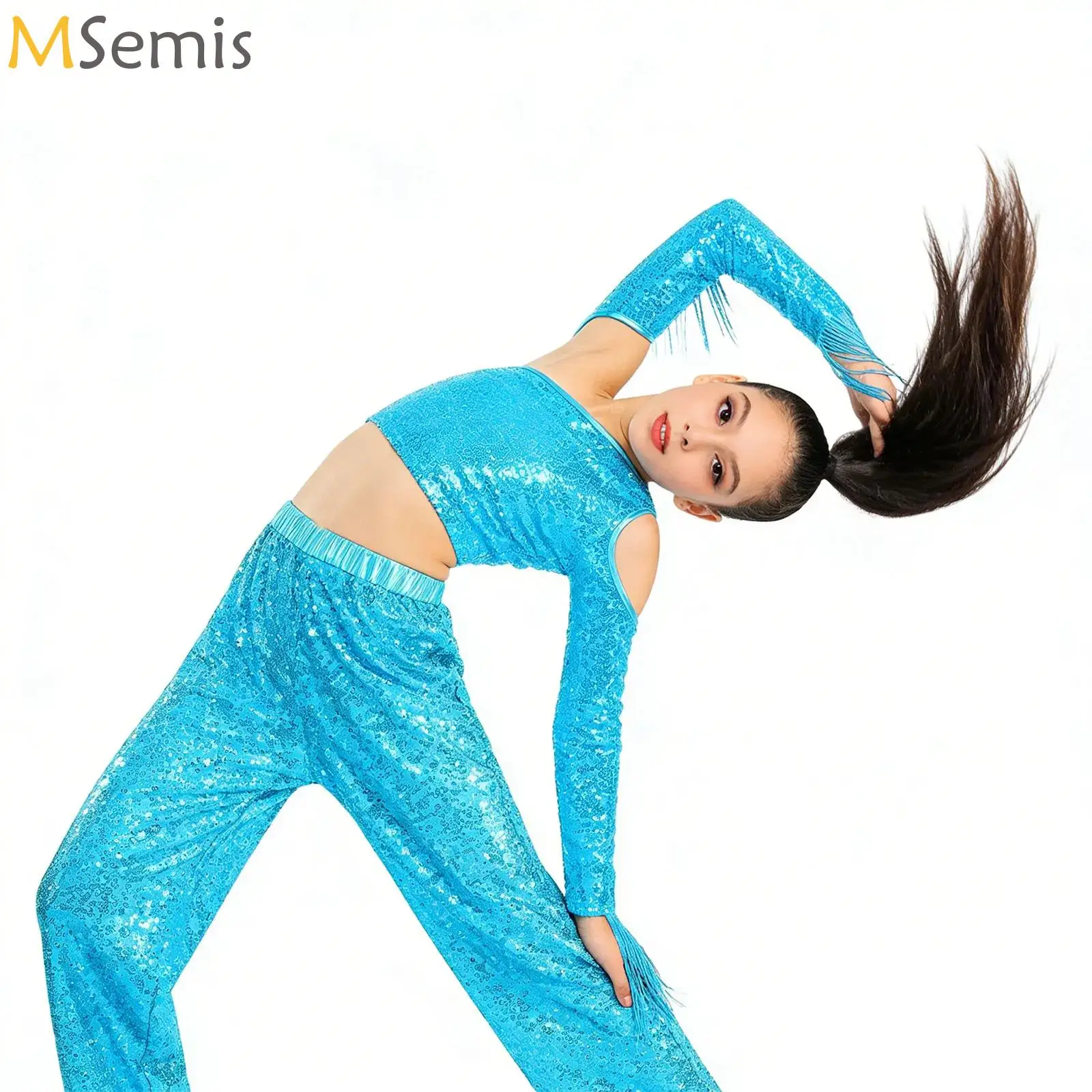 

Kids Girls Jazz Disco Dance Costume Tassels Shiny Sequins Crop Top Metallic Flare Pants Movie Character Cowgirls Cosplay Clothes