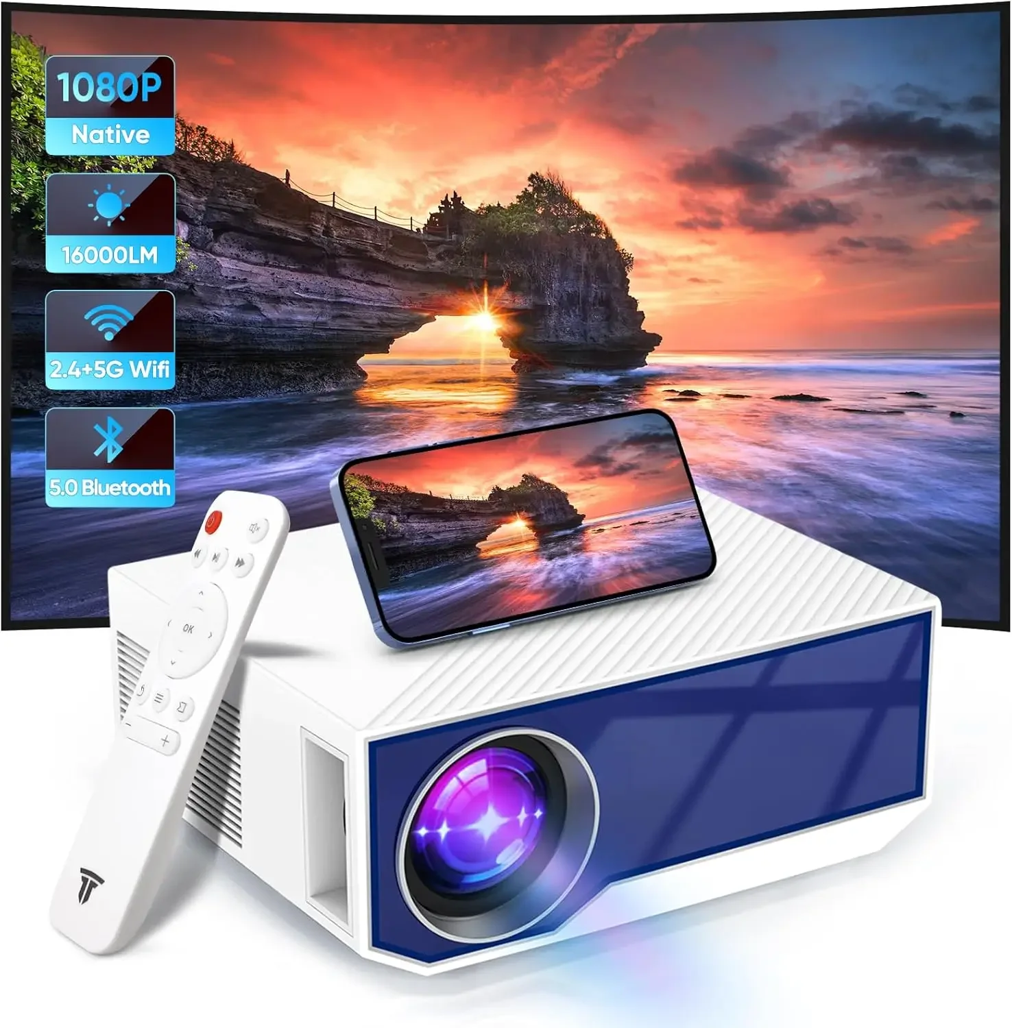 with WiFi and Bluetooth, Portable Mini Projector,Native Full HD 1080P Outdoor Movie Projector