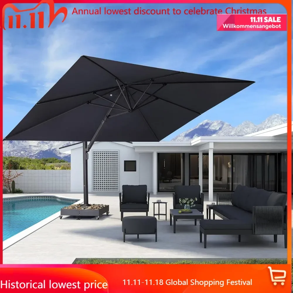 

11' X 15' Rectangle Patio Umbrella Large Outdoor Aluminum Umbrella Offset Umbrella with 360-degree Rotation Cantilev