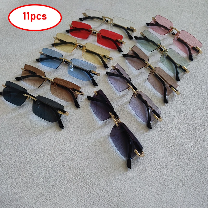 11 Pairs Per Set Sunglasses Fashion Rimless Rectangle For Men Women Trendy Small Frame Square Sun Glasses Summer Outdoor Shades