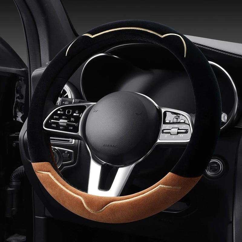 2023 New simple cat ears series plush winter car steering wheel cover warm wear resistant car handle cover